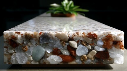 Poster - Quartz Countertop Edge Detail Revealing Varied Stone Aggregate and Plant in Background Composition