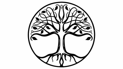 Poster - Circular tree of life design with intricate branches leaves and root system black and white illustration created with generated ai
