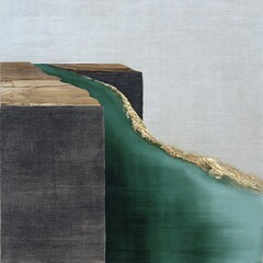 Poster - River Through Carved Earth Blocks Abstract Scene with Gold Details Artistic Vision and Creative Design.