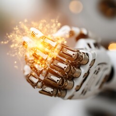 Poster - robotic hand holding energy spark with advanced technology and futuristic design.
