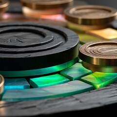 Poster - Round Game Pieces Arranged on Stone Surface for Entertainment and Decorative Display with Green Accents.