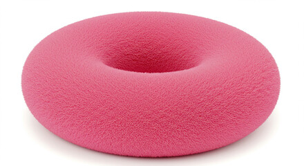 Poster - Pink torus shape. Fluffy pink circle. 3d rendering of fuzzy textured doughnut. Illustration of abstract geometric object. Textile fabric pattern. Round abstract form on white backdrop.