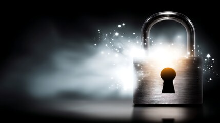 Poster - security lock shining with data sparkles cybersecurity protection and encryption concept.