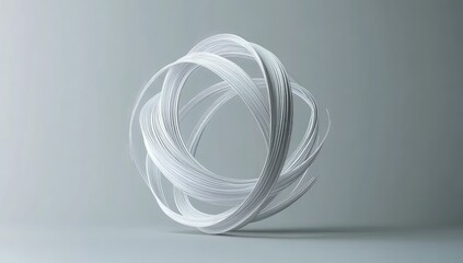 Abstract white, swirling, ribbon-like form, creating a sphere-like structure against a light grey background