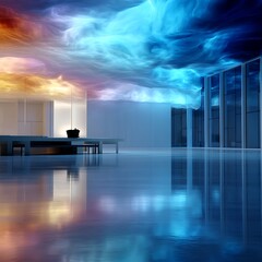 Poster - Serene Architectural Space with Dramatic Sky Reflection and Modern Design Elements Inside Room.