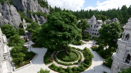 Poster - Serene Cityscape with a Large Central Tree and Imposing Architecture Under a Bright Sky