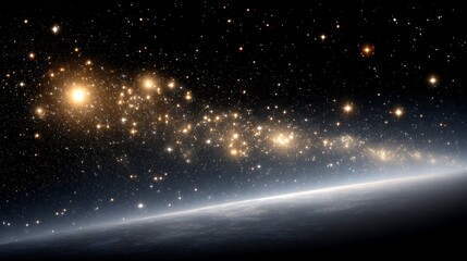 Poster - Serene Cosmic Landscape with Galaxy Illuminating an Ethereal Horizon in the Vastness of Space
