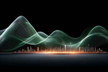 Poster - Waveform Symphony: Abstract visualization of sound waves cascading gracefully over a city skyline, illustrating the vibrant energy of sonic vibrations.