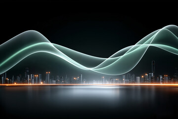 Poster - Cityscape Symphony: An electrifying abstract illustration that visualizes a city's vibrant pulse through a series of glowing lines that dance above the buildings.