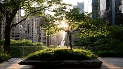 Poster - Serene Greenery in Urban Landscape With Sunlit Avenue and Buildings Backdrop City Panorama Scenery.