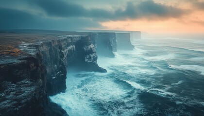 Poster - Expansive coastal cliffs meet turbulent ocean waves at sunset in a dramatic natural landscape