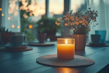Aufkleber - Elegant dining setup with warm lighting and a beautiful table arrangement in a modern interior design during golden hour