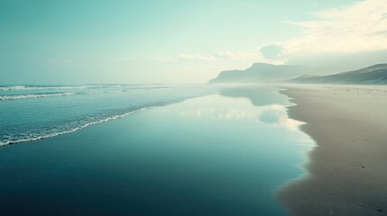 Poster - Serene beach landscape with calm waters and gentle curves in sandy shoreline during midday under clear blue sky
