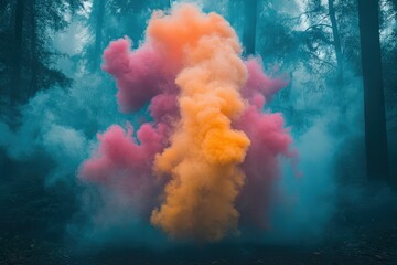 Poster - Vibrant orange and white smoke billows against a dark background creating a striking visual effect in a captivating artistic display