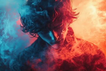 Poster - Vibrant orange and white smoke billows against a dark background creating a striking visual effect in a captivating artistic display