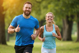 A man and woman smiling while running together in a lush, green park with trees in the background.