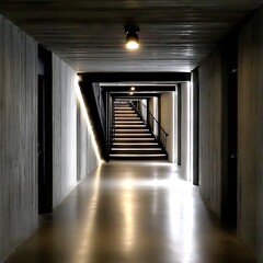 Poster - Serene Staircase Illuminated in Modern Building Interior Concrete Walls Minimalist Architectural Design.