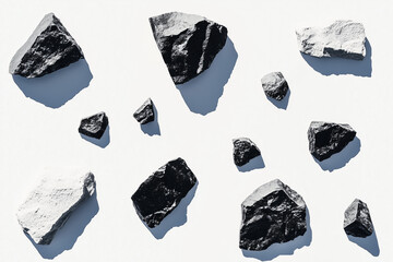 Poster - Scattered Stones: A collection of angular stones, some dark and some light, creating a graphic arrangement on a surface. The image captures the raw, natural beauty and textural contrast. 