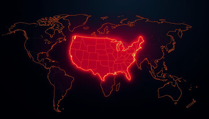 futuristic digital map outline of the united states glowing in red against a dark background, showca