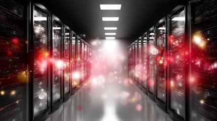 Poster - Server Room Data Center Tunnel with Digital Lights Effect and Information Storage Technology.