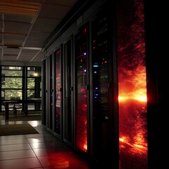 Poster - Server Room Interior with Glowing Data Center Cabinets Hosting Information Processing Units.