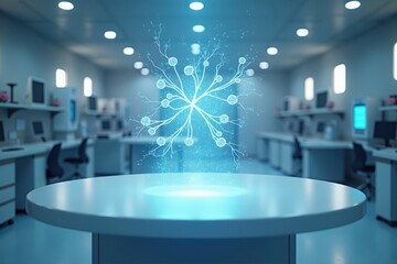 Poster - Empty Table in Modern Space with Holographic Display