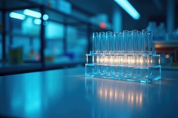 Poster - Circular Laboratory Test Tubes with Blue Lighting