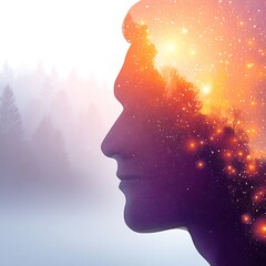 Wall Mural - silhouette of a pensive human head surrounded by forest and galaxy nebulae stars and light