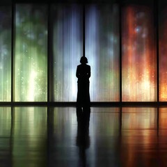 Poster - Silhouette of a Person Standing Before a Wall of Colored Light Indoor Space Creates a Sense of Wonder.