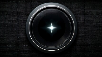 Poster - Sleek Black Circular Device with Luminous Four Point Star Emblem Minimalist Dark Background Pattern