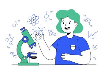 Wall Mural - cartoon scientist engaging with microscope and chemistry symbols for educational content