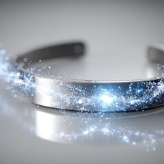 Poster - Sleek Metal Bracelet with Digital Sparkles Displaying Futuristic Technology and Abstract Design.