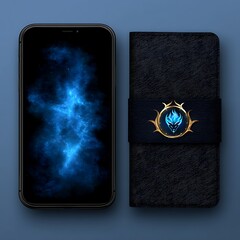 Poster - Smartphone and Case with Emblem Display Blue Nebula Technology and Mobile Device Accessory Solution