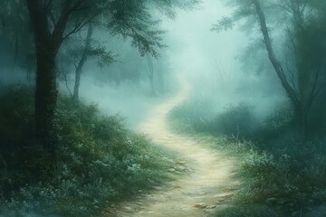 Poster - Winding trail through dense fog in a serene forest with towering evergreens during early morning hours