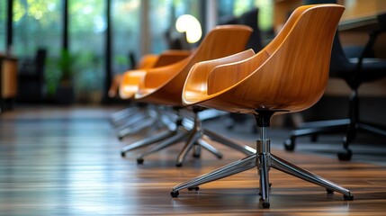 Aufkleber - Modern wooden chairs arranged in a well-lit office space with large windows and plants during daylight