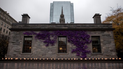 Poster - Stone Building with Illuminated Windows and Purple Vines beneath a Cloudy Skyline Complex Architecture.