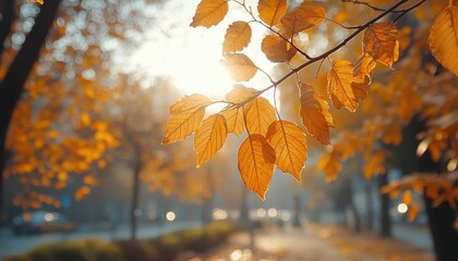 Poster - Sunset illuminates a carpet of autumn leaves in a tranquil park setting showcasing the beauty of nature during fall