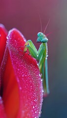 Wall Mural - Captivating macro image of a green praying mantis on a vivid red petal with dew drops and soft focus