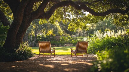 Aufkleber - Sunny garden seating area with wooden chairs under a large tree in the afternoon