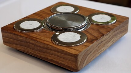 Poster - Stylish Wooden Coaster Set with Metal Accents for Elegant Table Setting and Home Decor Display.