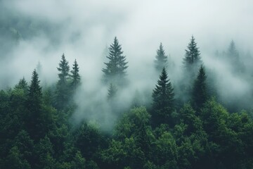 Poster - Dense mist envelops towering evergreen trees in a tranquil forest landscape during early morning hours