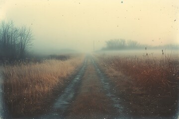 Poster - Misty dirt road stretching through quiet fields at dawn with soft light illuminating a tranquil landscape