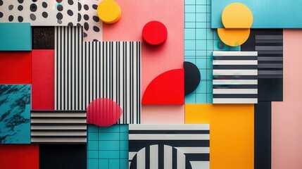 Poster - Colorful abstract geometric shapes arranged in a visually striking display inside a modern art studio during daylight