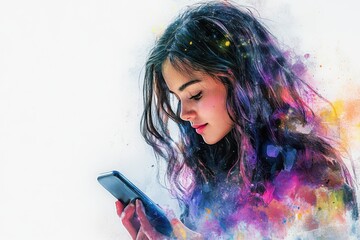 Poster - young woman engaged with her smartphone, surrounded by vibrant colors in a creative digital art depi