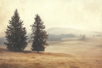 Poster - Soft morning fog blankets a serene riverbank at dawn, revealing a tranquil landscape with muted tones and gentle reflections in the water