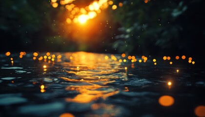 Fototapete - Glowing reflections at twilight on a calm river with water droplets and soft lights illuminating the landscape