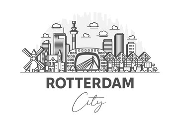 Wall Mural - Rotterdam, Netherlands architecture line skyline illustration with shadows. Linear vector cityscape with famous landmarks, city sights, design icons.