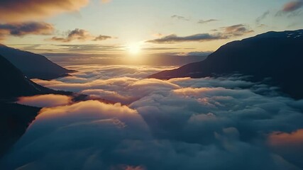 Poster - Hyper lapse capture of swirling clouds at sunrise over mountainous terrain, Aerial hyper lapse of of the clouds flowing through a mountain pass in Norway