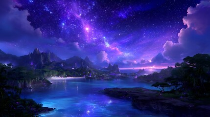 Poster - Tranquil Shores and Ethereal Sky Fantasy Landscape with Distant Mountains and Shimmering Waterscape