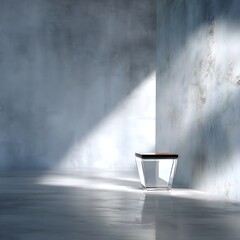 Poster - Transparent Geometric Display Stand Against Textured Wall in Modern Lit Industrial Space 89 chars.